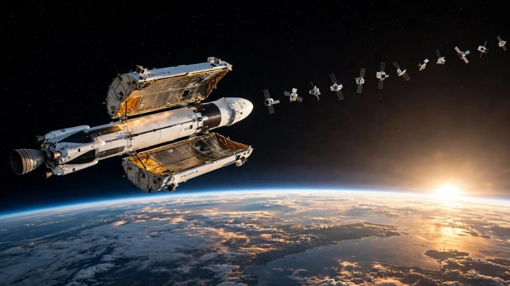 SpaceX Falcon 9 Bandwagon-5 rideshare deploying 32 satellites above Earth (illustration)