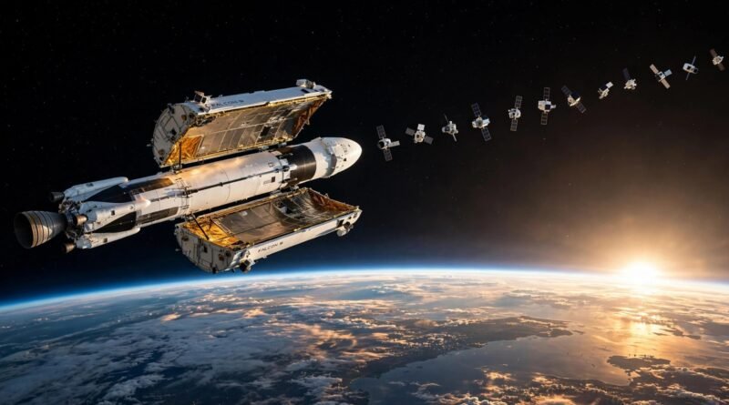 SpaceX Falcon 9 Bandwagon-5 rideshare deploying 32 satellites above Earth (illustration)