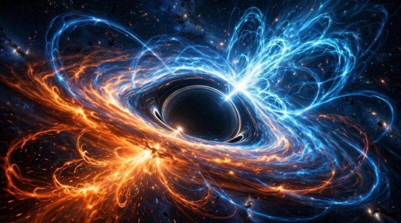 Artist's illustration of a supermassive black hole erupting in a solar-storm-like plasma blast with magnetic filaments