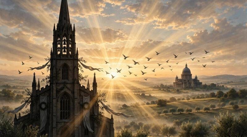 Historic Gothic chapel and basilica connected by golden light at sunrise