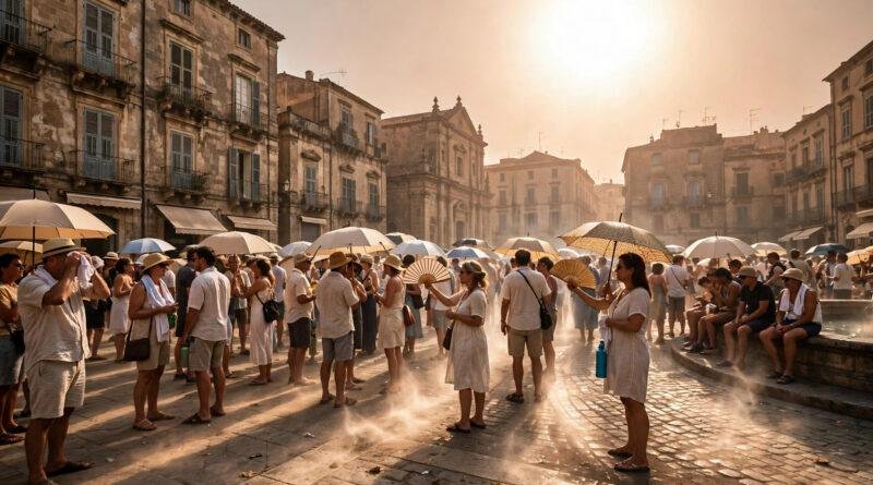 People shading themselves from intense heat in a European city plaza during the 2026 summer heatwave.