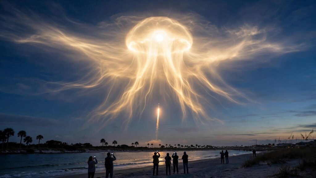 Glowing space jellyfish exhaust plume in the dawn sky above the Florida coast after a SpaceX Falcon 9 launch (illustration)