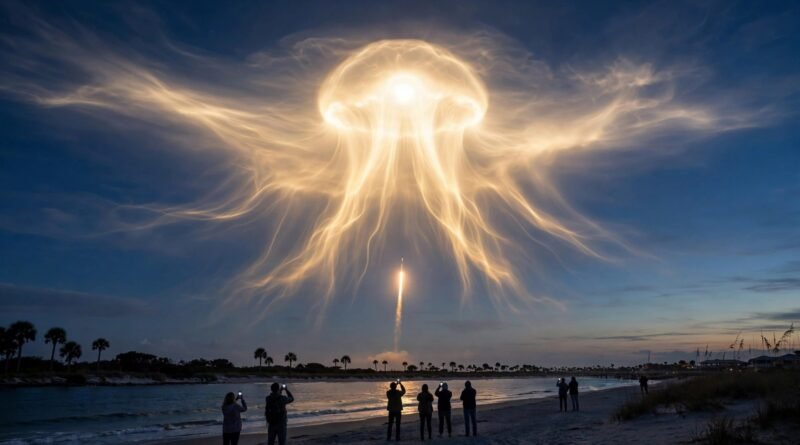 Glowing space jellyfish exhaust plume in the dawn sky above the Florida coast after a SpaceX Falcon 9 launch (illustration)