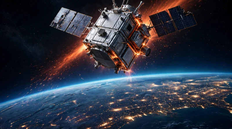 NASA's Swift telescope falling back to Earth with glowing reentry plasma over Earth's night side (illustration)