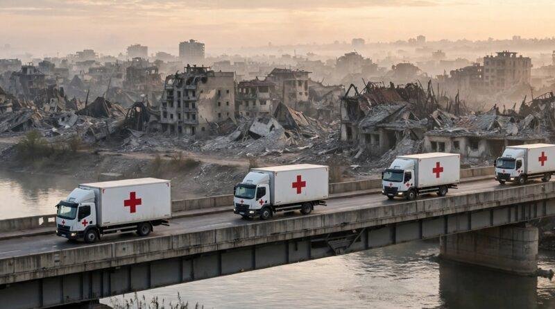 Aid convoy approaching a war-damaged riverside city at dawn