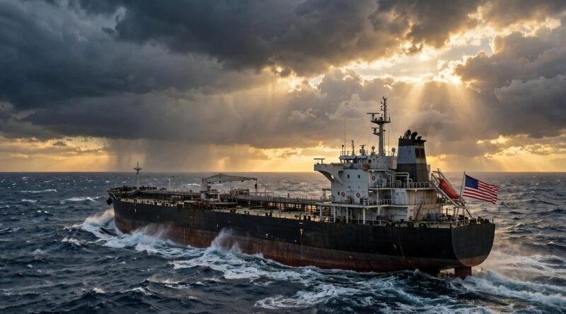 Oil tanker sailing toward New York at sunset