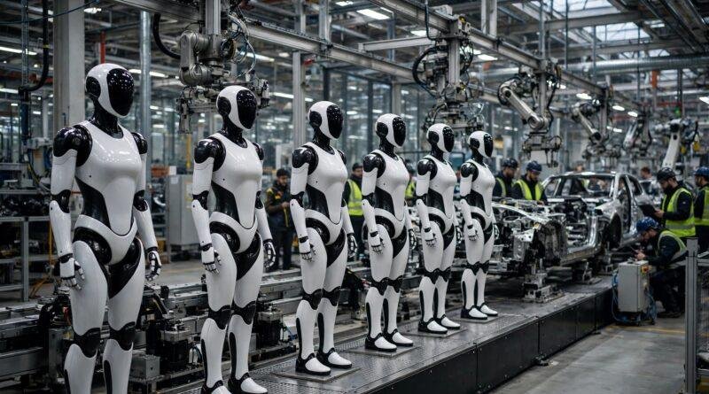 Row of Tesla Optimus humanoid robots on a production line inside a California factory